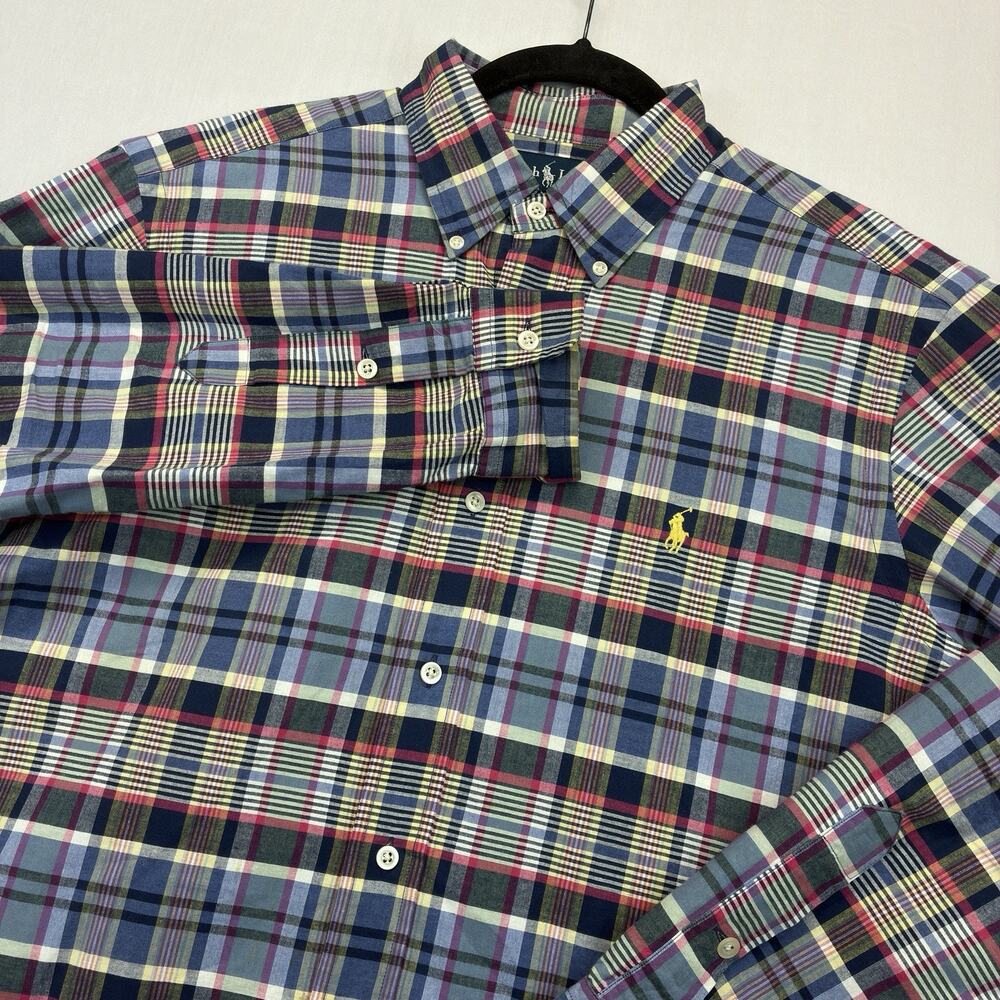 Ralph Lauren Shirt Men’s M Blue Pink Plaid Button Down Classic Fit Cotton